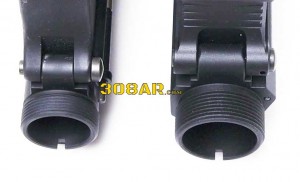 A side by side bottom view visual comparison of the Upper Receiver threads of a MEGA ARMS MA-TEN 308AR Upper Receiver for the .308 Winchester Cartridge and a Spikes Tactical AR15 Upper Receiver for .223 Remington Cartridge - 308 AR15 , AR15 vs AR-10 308AR AR308