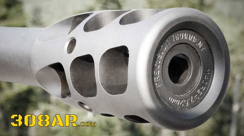 Picture of a Precision Armament M41 AR 308 Muzzle Brake mounted on a 308 AR Rifle Barrel